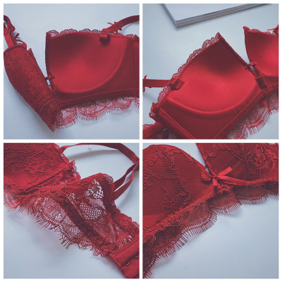 本命年红色内衣女无钢圈小胸聚拢半杯四角杯性感文胸罩