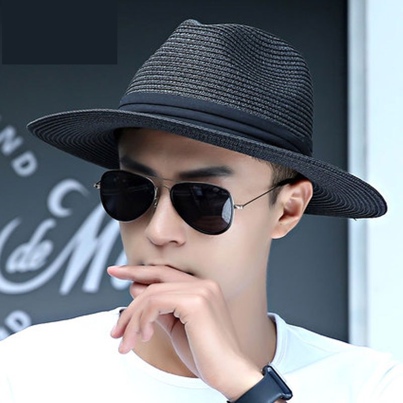 太阳帽大沿草帽钓鱼男士夏季沙滩帽男士百搭遮阳草帽夏季新款宽檐帽子