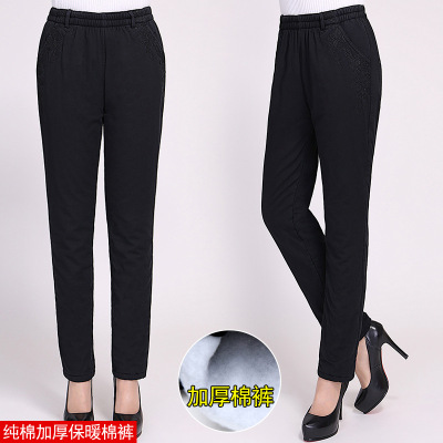 余果贝尔(YoungBell)批发代理秋冬装新中老年女装棉裤子妈妈装松紧高腰夹棉厚款保暖绣棉裤