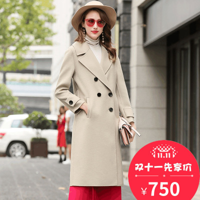 莉妮吉尔2017冬装新品无羊绒大衣女中长款不对称双排口手工双面呢羊毛外套