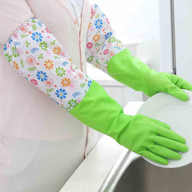 绒厨房防水加厚橡胶乳胶塑胶手套家务加绒洗衣手套-束口加绒绿色小花
