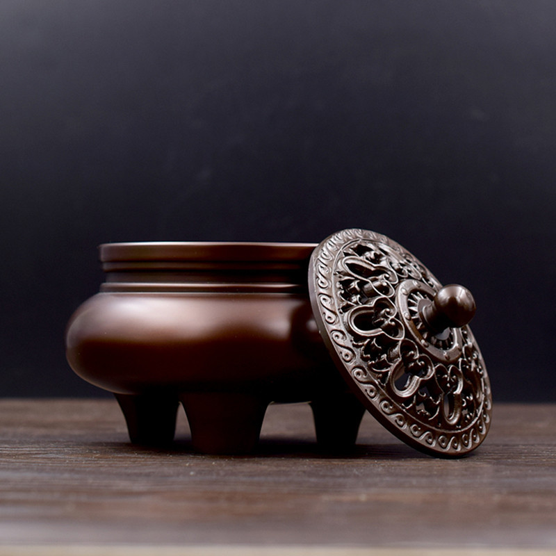 办公室供佛家用仿紫铜香熏炉铜大号仿古三足沉檀盘香炉-紫铜色香炉 木