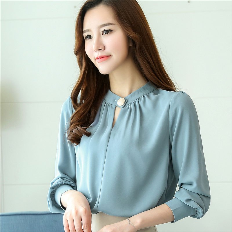 与牧秋季小衫女立领雪纺衫女长袖遮肚子显瘦上衣秋装宽松衬衣9023