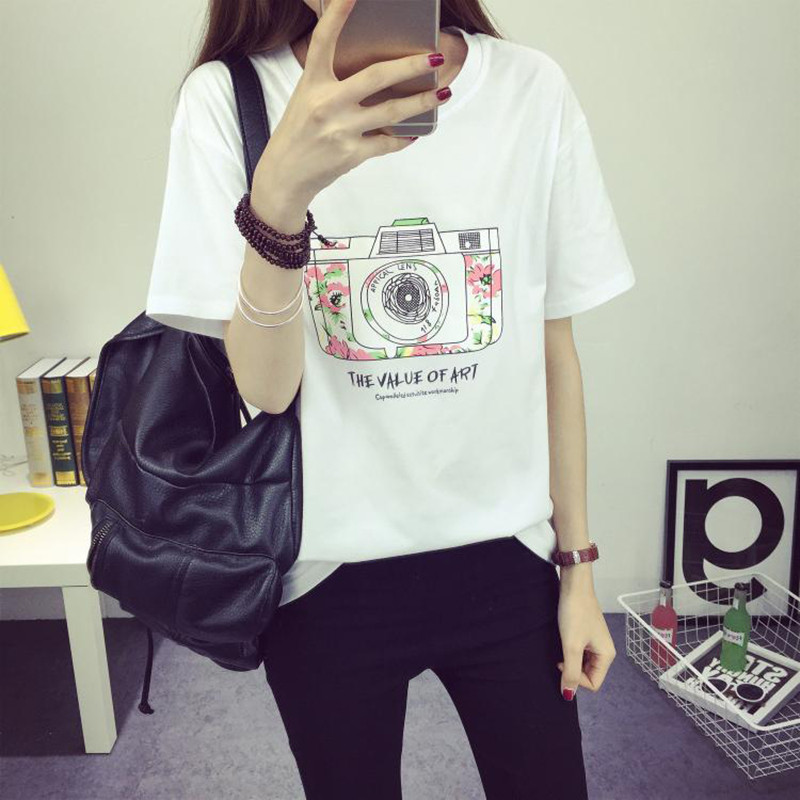 2016韩版夏季新款女装照相机印花短袖t恤学院风宽松显瘦大码圆领闺蜜