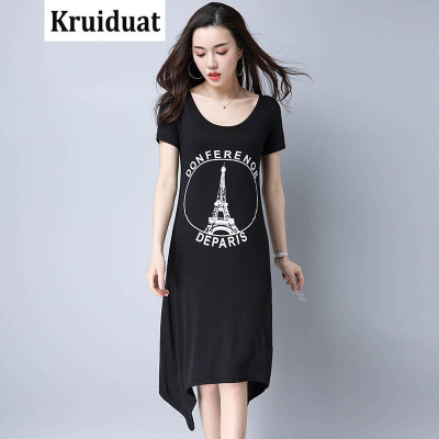 Kruidvat2017夏装新款中年女士修身显廋棉长款连衣裙圆领短袖韩版女装印花Z003黑