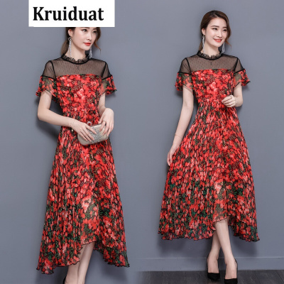 Kruidvat夏新款2017短袖碎花雪纺桑蚕丝修身连衣裙红色