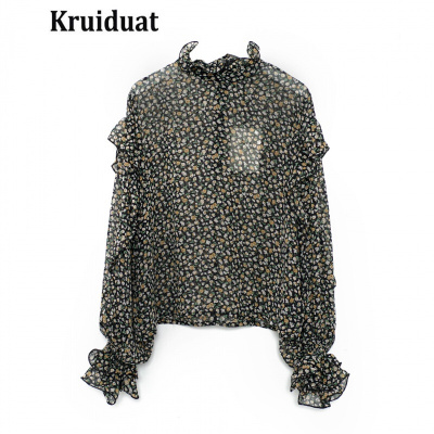 Kruidvat女夏季新款雪纺碎花荷叶边上衣Z011黑色1759均码