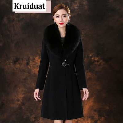 奈琴尔2017新款冬狐狸毛领羊绒大衣修身显瘦红色羊毛呢外套女中长款K18