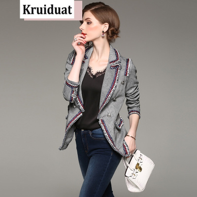 奈琴尔2017秋装新款气质女装欧美西装领长袖修身中长款外套上衣灰色