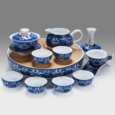 瓷物语景德镇青花陶瓷整套功夫茶具套装礼品盈福茶盘12入