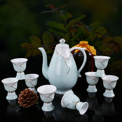 景德镇青瓷描金酒壶酒具盘套件陶瓷托盘中式酒具套装白酒酒杯青瓷10件套