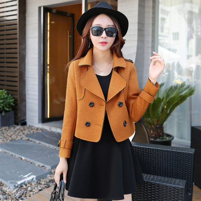 莞馨(wanxin)新款2016秋装女装新款韩版潮时尚修身毛呢外套女短款显瘦翻领呢子大衣