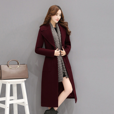 莞馨(wanxin)新款2016冬季新款女装长款韩国修身加厚毛呢外套女过膝羊毛呢子大衣