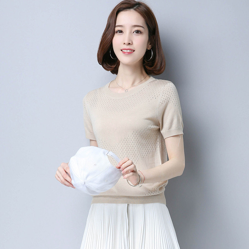 夏季新款针织衫女套头薄款短袖t恤女显瘦针织打底衫上衣外套品牌女装
