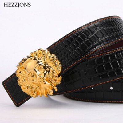 赫泽琼斯HEZZJONES发型师皮带男士真皮腰带狮子头纯铜扣商务韩版个性裤腰带潮男夜店皮带黑色+金扣