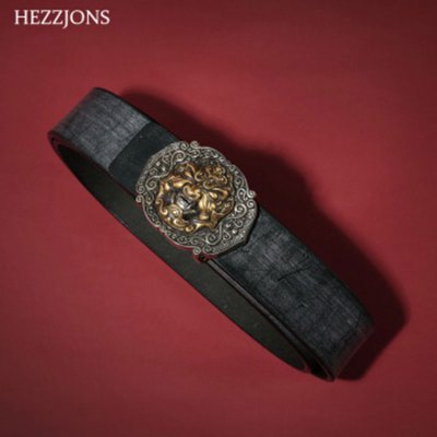 赫泽琼斯HEZZJONS定制中国风复古纯铜个性马缰革皮带男士中年腰带饕餮神兽龙皮带礼盒腰带绿色马缰革+吞天兽