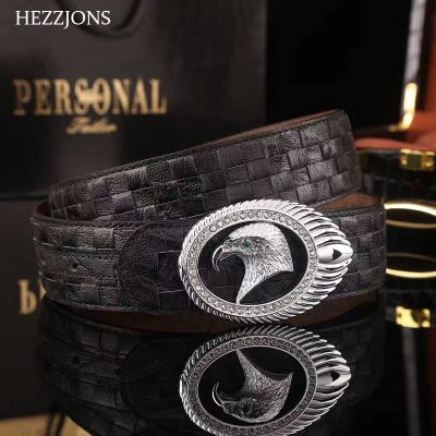 赫泽琼斯HEZZJONES鹰头腰带手工编织真牛皮皮带不锈钢镶钻平滑扣腰带绅士商务休闲裤皮带黑色+银扣