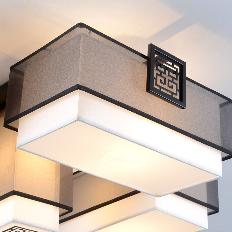 新中式长方形金色黑色布艺灯罩led吸顶灯现代简约复古创意卧室书房