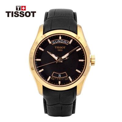 天梭(tissot)手表库图系列玫瑰金真皮自动机械男表t0354073605100