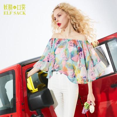 妖精的口袋YB女侠和仙女夏装2017新款宽松一字肩中袖雪纺衫女短款