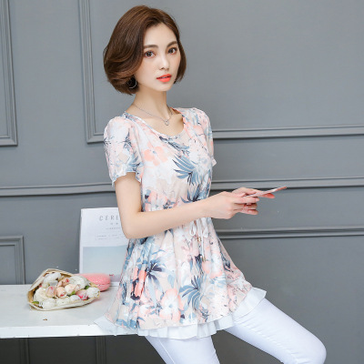 薇侣2017新品印花雪纺衫女短袖中长款夏季大码宽松显瘦荷叶边喇叭袖碎花上衣潮