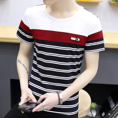 薇侣2017新品新款夏季男士短袖t恤男装圆领条纹体恤韩版修身学生青年3037