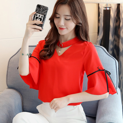 薇侣2017新品夏新款雪纺衫短袖女时尚修身显瘦百搭喇叭半袖上衣