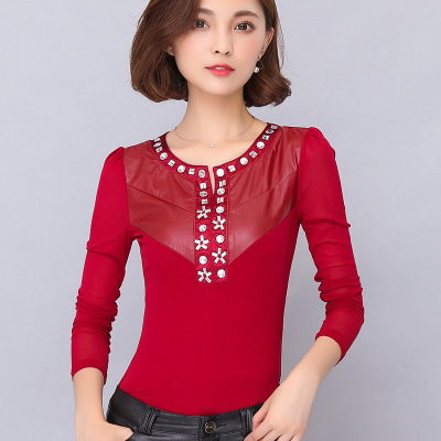 薇侣2017新品新款女装韩范气质钉珠上衣修身网纱打底衫