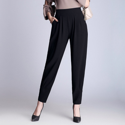 薇侣2017新品实拍春季女裤大码胖mm裤子宽松雪纺哈伦裤女休闲黑色宽腿裤