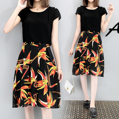 薇侣2017新品加肥加大胖MM印花雪纺连衣裙