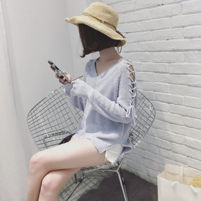 薇侣2017新品秋冬韩版宽松显瘦袖子系带开叉V领长袖套头针织衫女休闲上衣