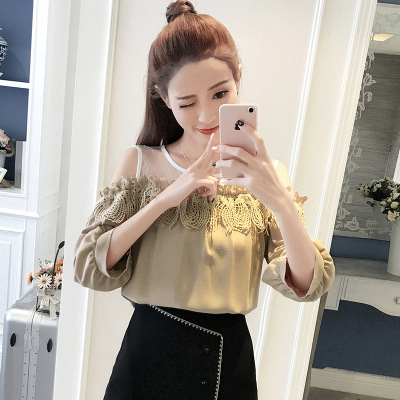 薇侣2017新品实拍秋装韩版一字肩吊带超仙雪纺衫