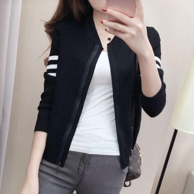 薇侣2017新品针织毛衫女秋冬款韩版学生针织外套短款长袖修身棒球服女装夹克开