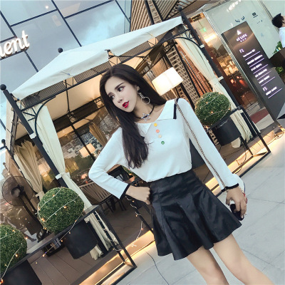 薇侣2017新品初秋新款学院翻领长袖针织上衣+A字皮短裙套装女