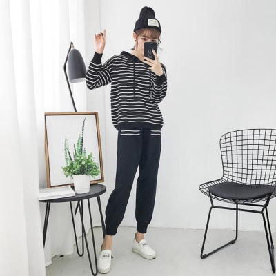 薇侣2017新品秋冬新款韩版宽松条纹两件套针织衫裤子休闲运动套装女