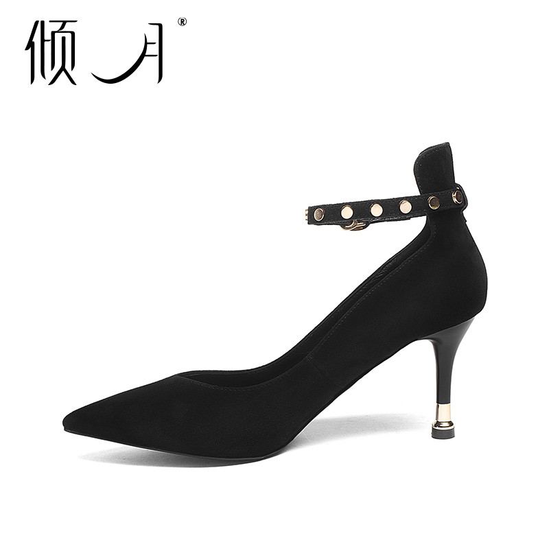 倾月一字扣带高跟鞋女 细跟尖头单鞋2018春季新款羊猄真皮女鞋ol职业