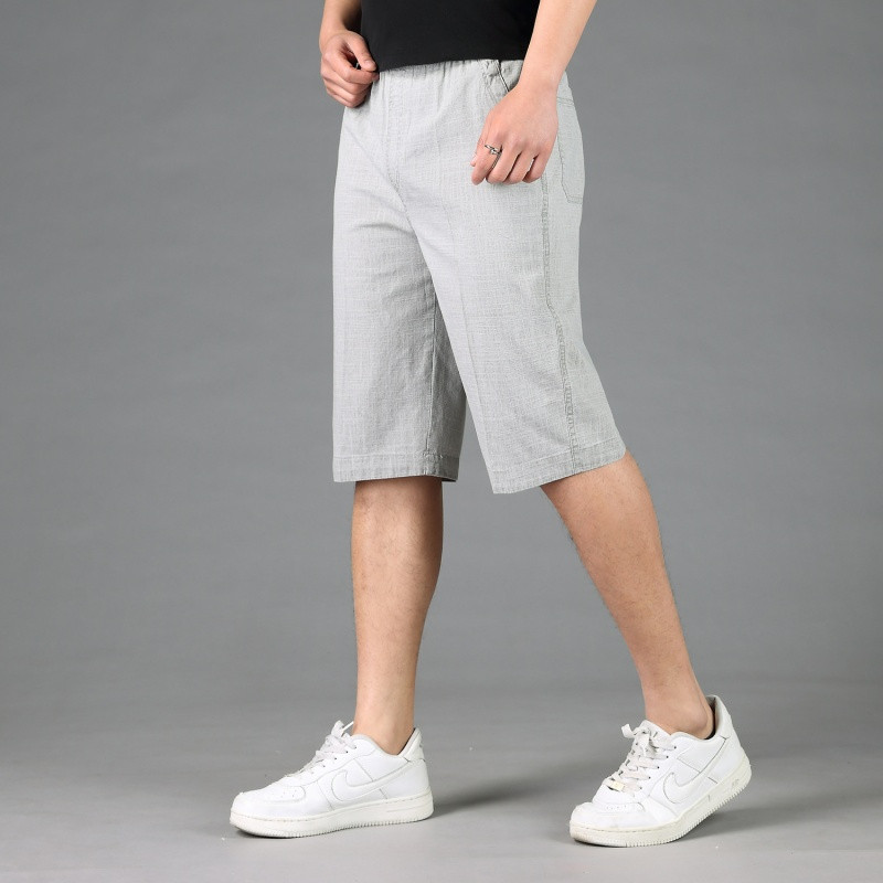 娉语夏季中老年男亚麻裤中裤宽松中年男士松紧腰七分裤棉麻短裤爸爸装