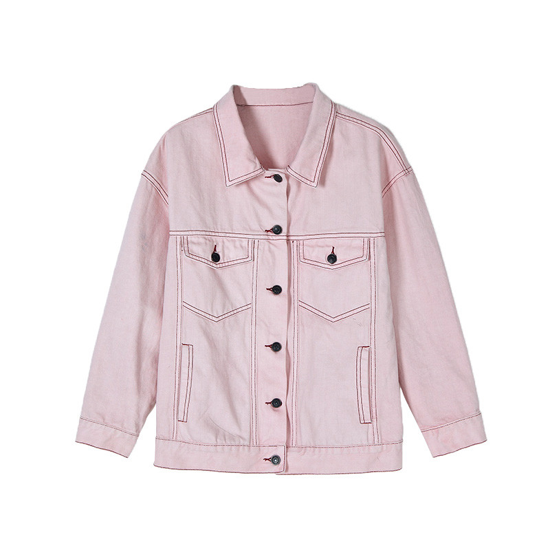 娉语粉色小夹克女2018秋季新款百搭长袖翻领短款牛仔外套宽松显瘦上衣