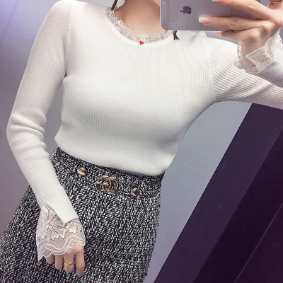 珂依舍2017秋装新款#现货秋装新款弹力针织包心纱面料拼接蕾丝打底上衣