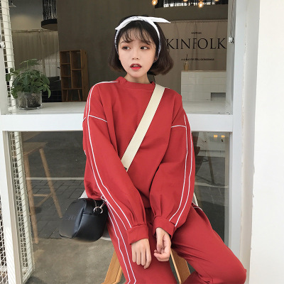 珂依舍2017秋装新款原宿字母宽松长袖休闲卫衣女加绒高腰运动长裤两件套装