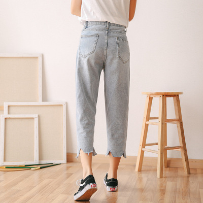 珂依舍2018春夏装新款韩版宽松牛仔裤女八分裤破洞