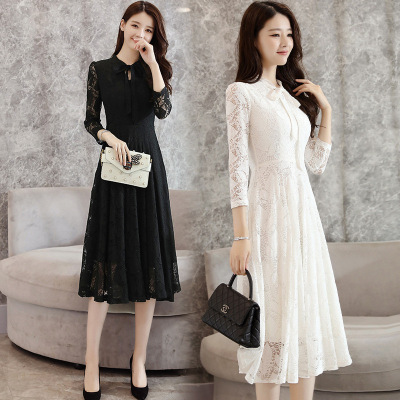 2017新款过膝盖的长袖蕾丝连衣裙子2017韩式显瘦中长款女裙秋冬打底大码