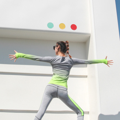 秋冬渐变条纹运动跑步长袖t恤女速干显瘦健身瑜伽上衣运动服