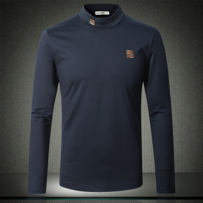丝光棉半高领打底衫男秋装韩版修身长袖T恤中领男大码高领套头衫t