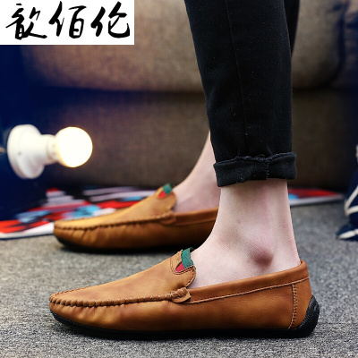 路蒙卡帝2017春季新款白色豆豆鞋男英伦一脚蹬懒人鞋夏休闲皮鞋社会小伙鞋