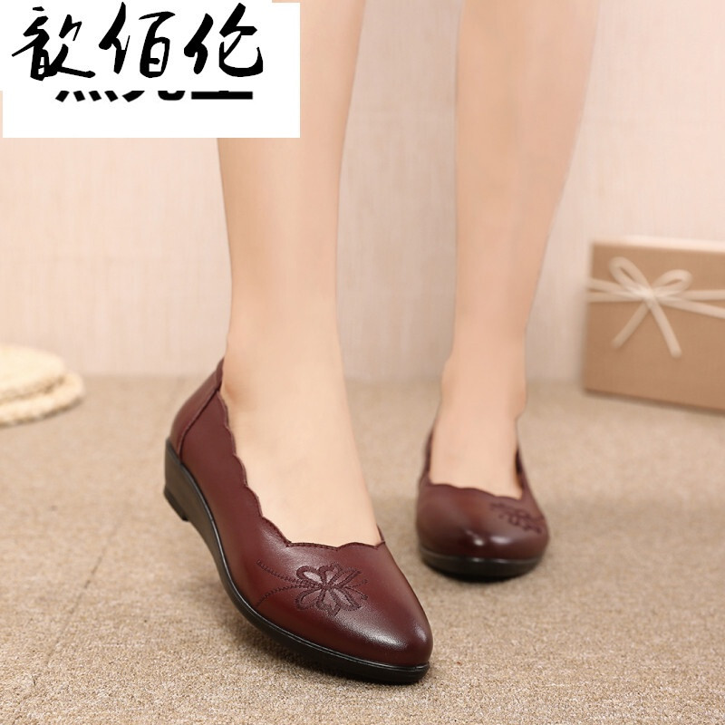 歆佰伦2017新款绣花中老年牛皮鞋秋季平跟浅