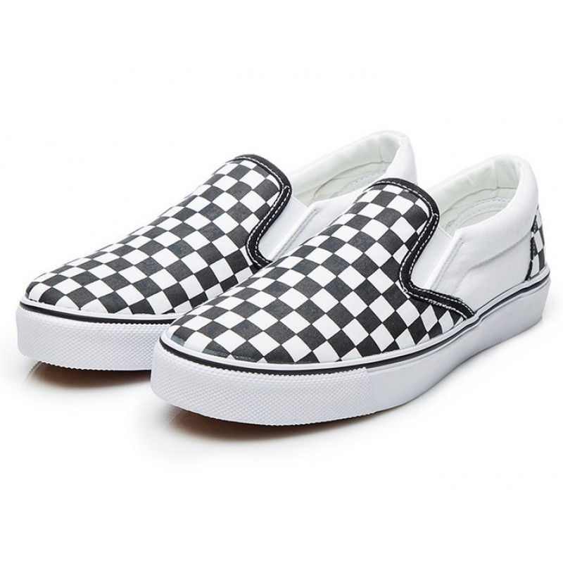 黑白格子帆布鞋低帮套脚透气套脚休闲运动男女布鞋棋盘格手绘鞋