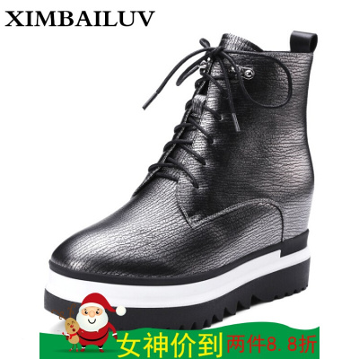 2017春季新款女靴时尚短靴平跟系带防滑牛皮休闲鞋真皮小白鞋马丁靴女鞋枪色
