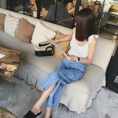 902新款2017新款宽松裤子开叉喇叭牛仔裤女高腰chic港味复古九分阔腿裤秋定制