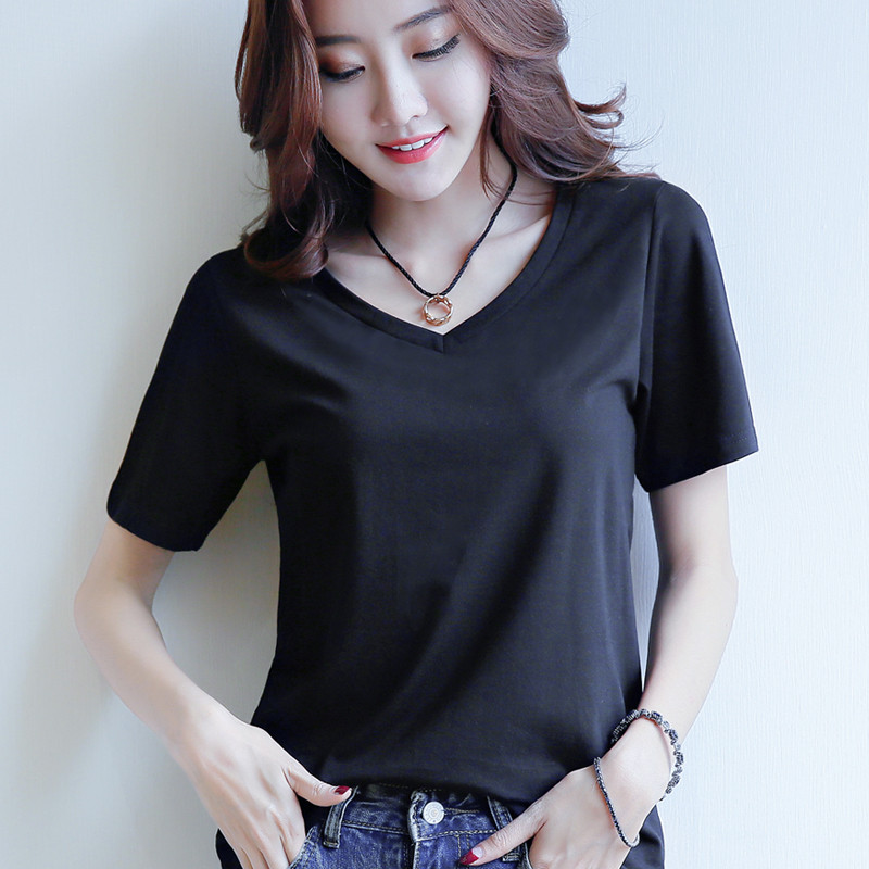 新款短袖v领白色t恤女夏季宽松简约百搭纯黑色打底衫纯棉韩版女装上衣
